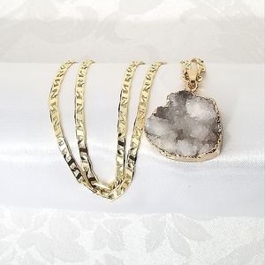 Grey Healing Druzy Heart Women's Necklace. 14K Gold Plated. New